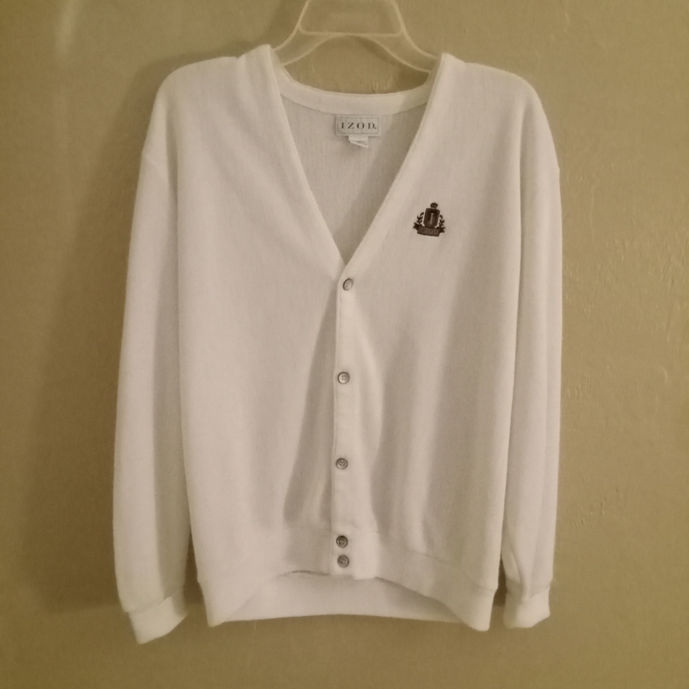 Izod white cardigan, v neck button down sweater . 80s